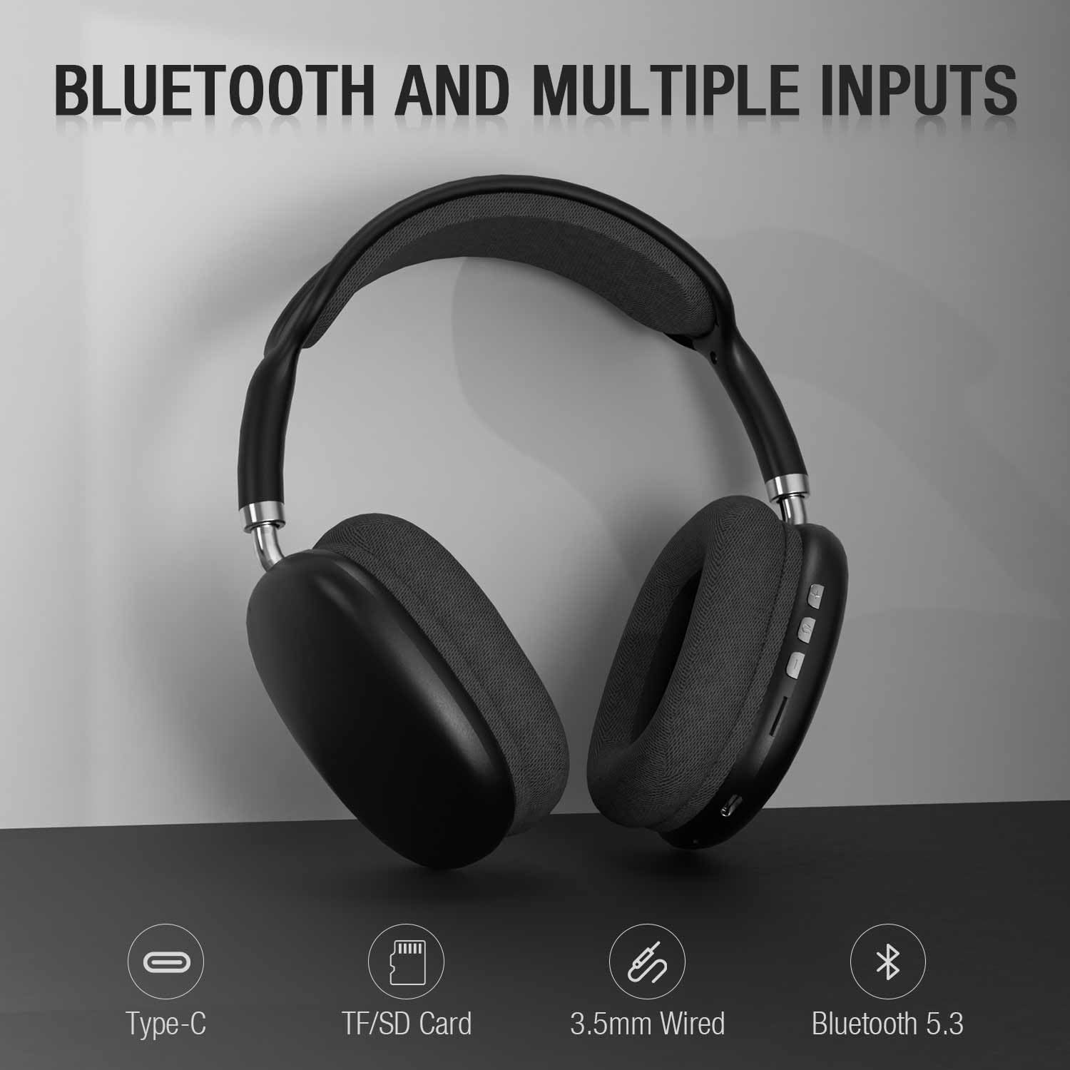 Wireless Bluetooth Headphones Over Ear with Microphone Hi-Res Audio Lightweight Deep Bass Headsets for Travel Office Cellphone PC Android and iOS Compatible (Black)