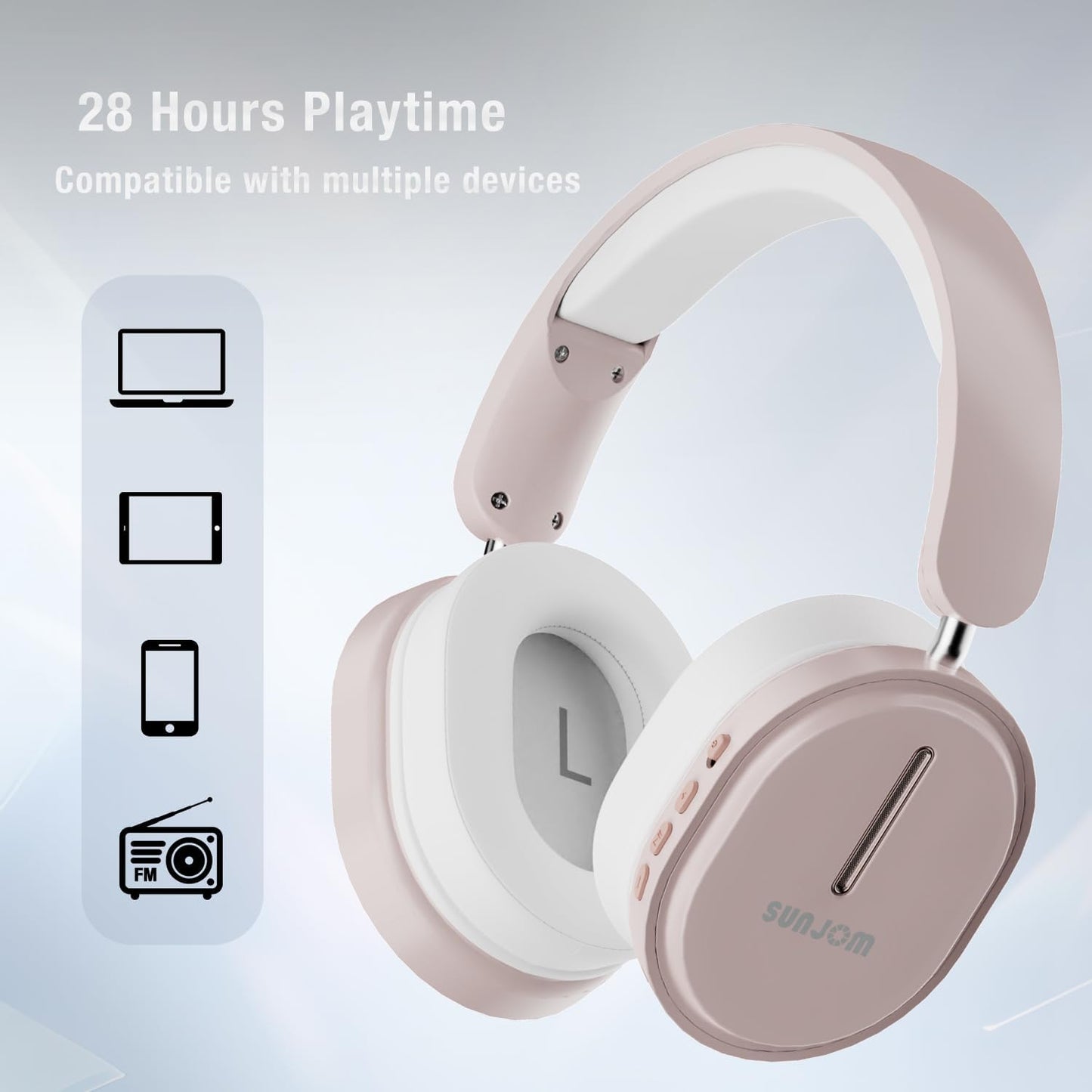 Inspire 28H Playtime Wireless and Wired Stereo HiFi Foldable FM Radio Over-Ear Bluetooth Headphones Headset with Microphone for iPhone iOS Android-Pink