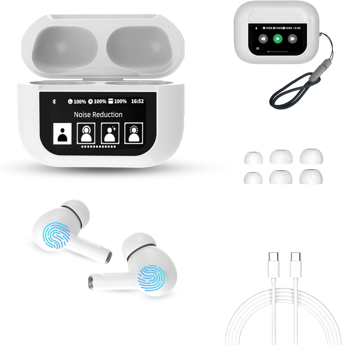 Wireless Bluetooth Earbuds with Touch Screen Control,Hybrid Noise Cancelling Headphone for ENC Mic Clear Call,Deep Bass Multiple EQ settings Ear buds for Laptop Pad Android/iOS Phones-White