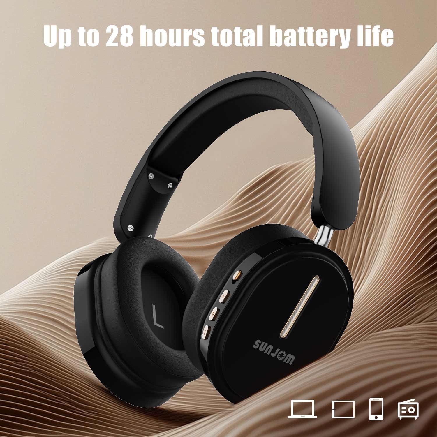 28H Playtime Wireless and Wired Stereo HiFi Foldable FM Radio Over-Ear Bluetooth Headphones with Microphone for iPhone iOS Android-Black